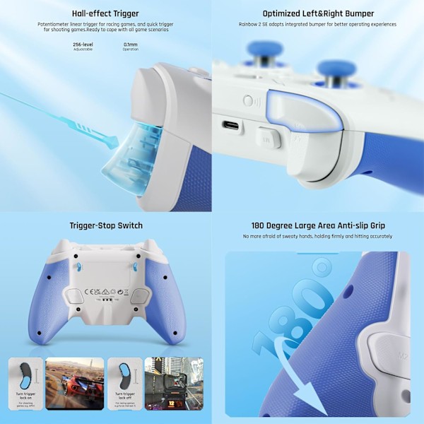Trådløs Controller, BIGBIG WON Rainbow 2 SE, Hall Effect Trigger, 12-bit ADC, 3 Sæt Joysticks, 4-vejs & 8-vejs D-pad Controller til Switch/PC/Android/iOS Blue