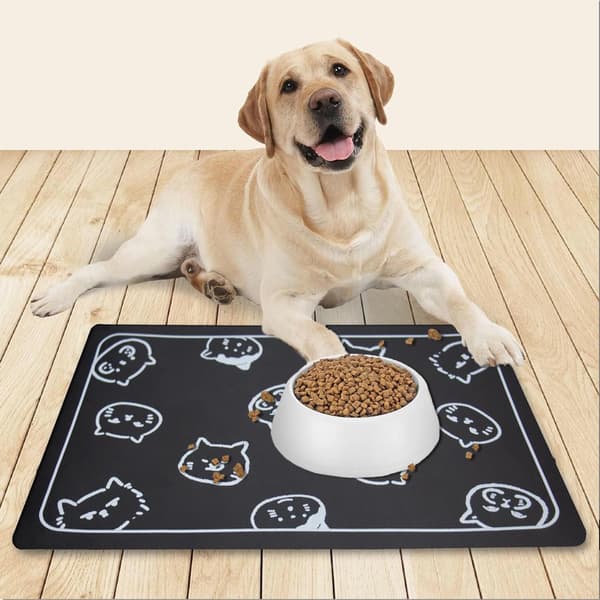 Kat- og hundemadsmåtte - Skridsikker superabsorberende fodermåtte til mad- og vandskåle, med flere kattehoveder 24"L x 16.9"W