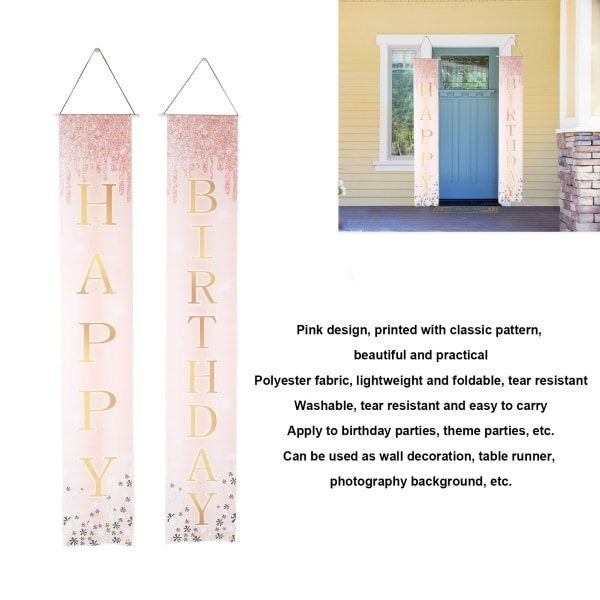 2 stk. Happy Birthday-skilt for veranda, rivebestandig rosa tema, lett glitter bursdagsbakgrunn-skilt for hjem og hagedekor