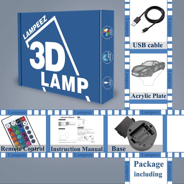 3D Billampa Nattljus 3D Illusion Lampa för barn, 16 färger