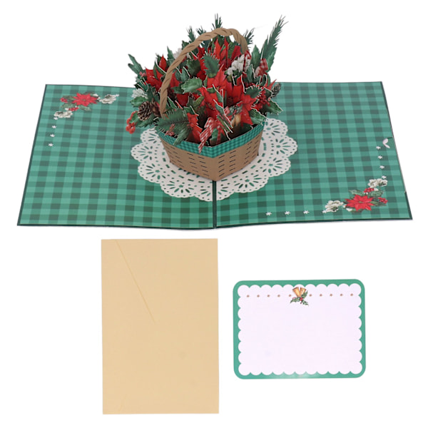 3D Jul-kort Blomkorg Utsökta Detaljer Popup Gratulationskort med Kuvert för Presentteman Fester