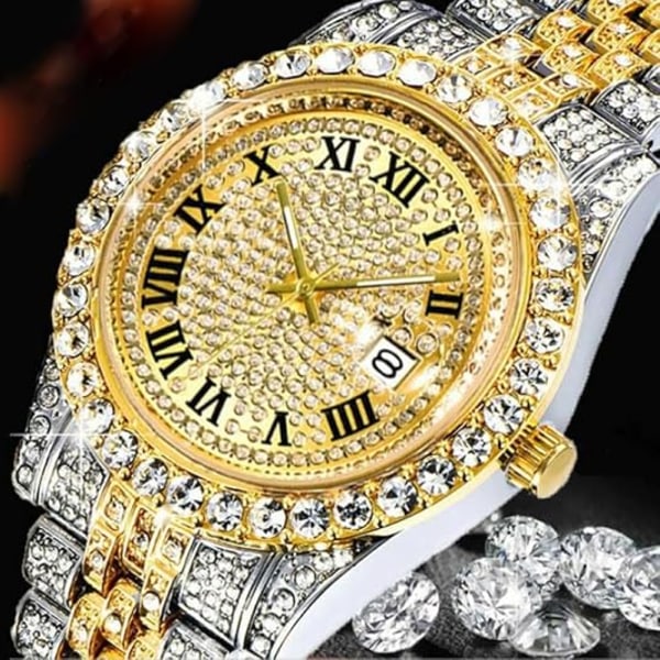Herre diamantklokke mote krystall strass kvarts analog klokke islagt armbånd håndleddklokke Green