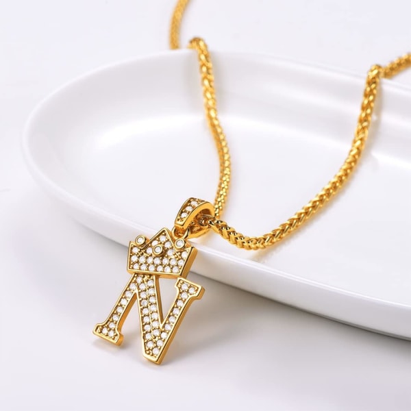 Krone Initial A-Z Halskjede, Iced Out Bokstavanheng med 22-24 Tommers Kjede, Menn Kvinner Bling Hip Hop Alfabet Navn Smykker Gave Store Initialer Halskjeder N 18K Gold