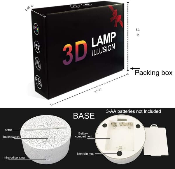 3D Nattlys 3D Illusjon LED 7 Fargeskiftende USB Touch Se