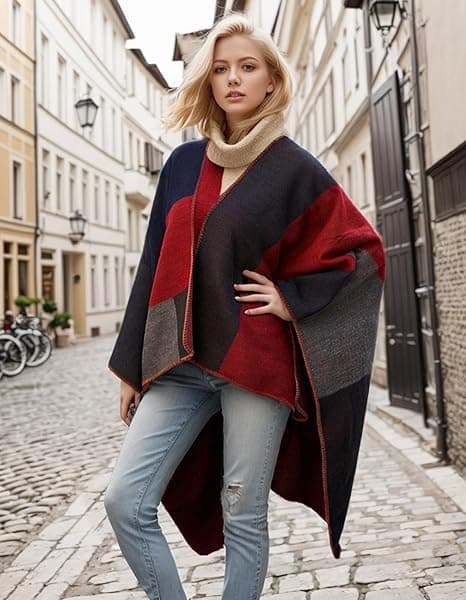 Werwing Dame Farveblok Sjal Wrap Åben Front Poncho Cape Oversized Afslappet Efterår Vinter Sweater Cardigan, Rød Red