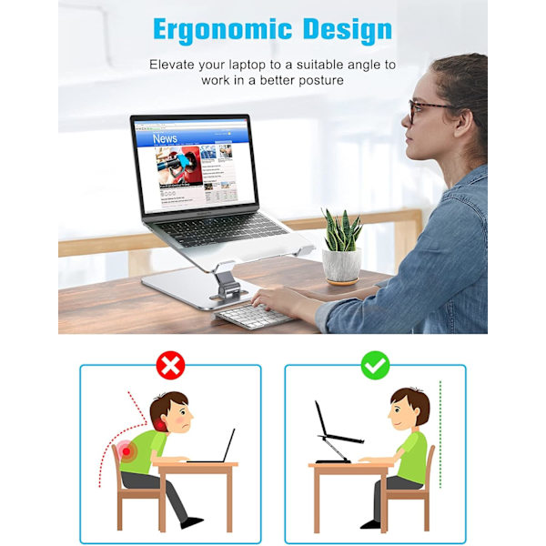 10-17\" Bærbare Computere Ergonomisk Justerbart Aluminium Laptop Stativ - Foldbart Højde- & Vinkeljusterbart Laptop Riser