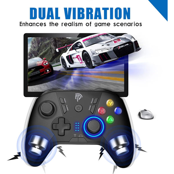 Langaton peliohjain Windows PC:lle/Steam Deckille/PS3:lle/Android TV BOXille, kaksoisvärinä, Plug and Play -peliohjain joystickilla, jossa 4 mukautettavaa näppäintä, akku black