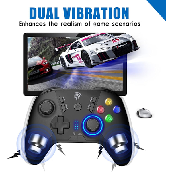 Trådløs spillkontroller for Windows PC/Steam Deck/PS3/Android TV BOX, Dual Vibrate Plug and Play Gamepad Joystick med 4 tilpassede taster, batteri black