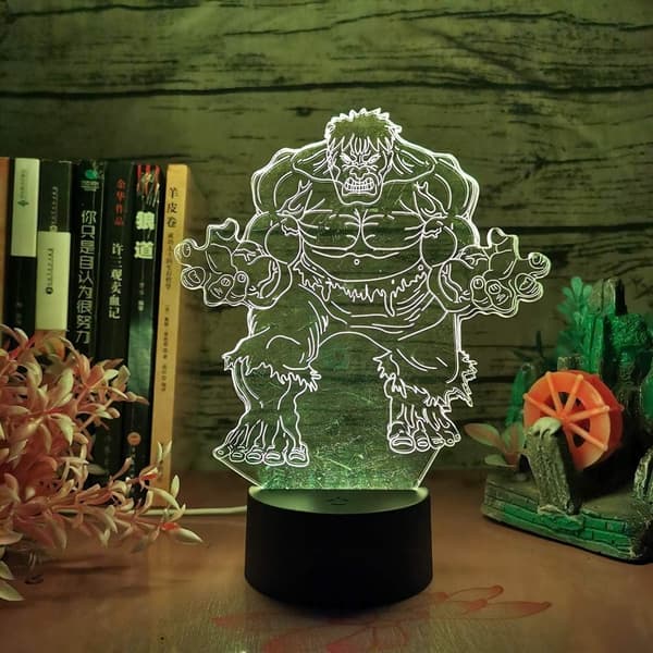 Hulk 3D Natlampe Marvel Superhelt Minifigurer Sort Base 3D LED RGB 7 Farve Bordlampe