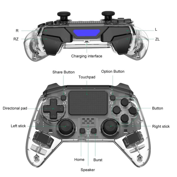 Läpinäkyvä Rapid Fire langaton PS4-peliohjain, 6-akselinen M B