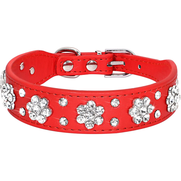 Söt PU-läder hundhalsband - Rhinestone blommönster nitar Red 37x2.5 CM