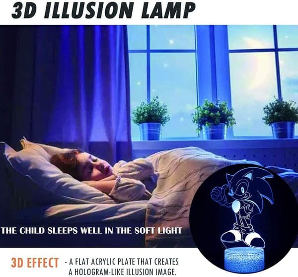3D Illusjon Sonic The Hedgehog Nattlys, Anime Bordlampe