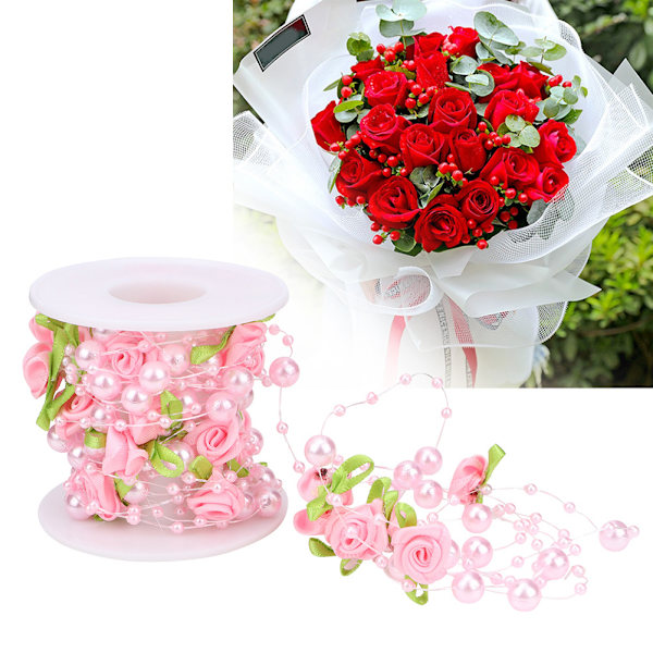 5m/rulle Grön blad ros konstgjord pärla sträng pärlor girlang DIY bröllopsdekoration (rosa)
