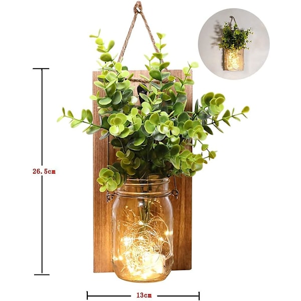 Rustika vägglampor, Mason Jar-lampor, bondgårdsdekor, LED-fe-lampor, grön konstgjord växt, varmtonad belysning för inredning. (2-pack)