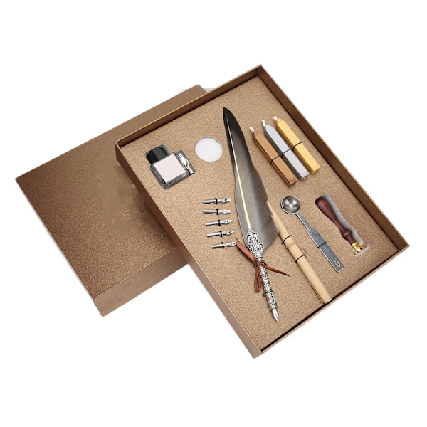 Fjäderpenna Set Mjuk Skrivande Retro Design Snidning Utseende Kalligrafi Penna Kit för Skrivning PresentSFDPS038031 Spetsig Grå Fjäder