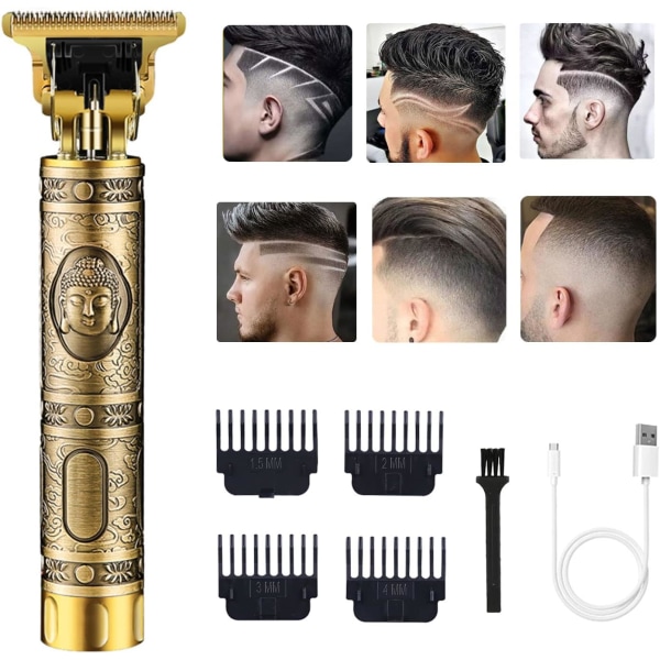 Hiustenleikkuri miehille, langaton sähköinen hiustenleikkuri ladattava parranleikkuri ajokone, sähköinen T-teräleikkuri Zero Gapped Edgers Clipper Hair Cut Retro Gold