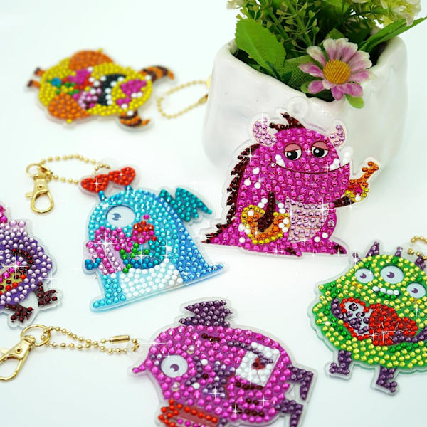 Kunstmaleri Nøgleringe, 12stk 5D Monster Diamanter Maleri Nøgleringe Tegneserie DIY Diamant Dekorative Tilbehør  Kunst & Håndværk til Børn Voksne