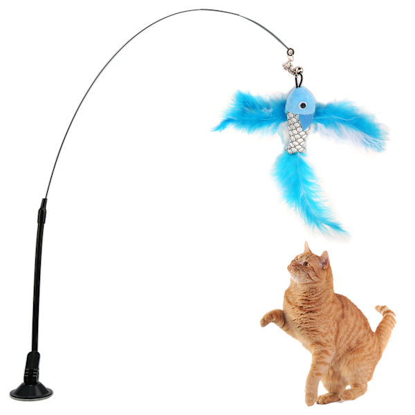 Rolig kattfjäderpinne interaktiv handhållen kattfjäderstav med sugkopp för katter Blue Flying Fish