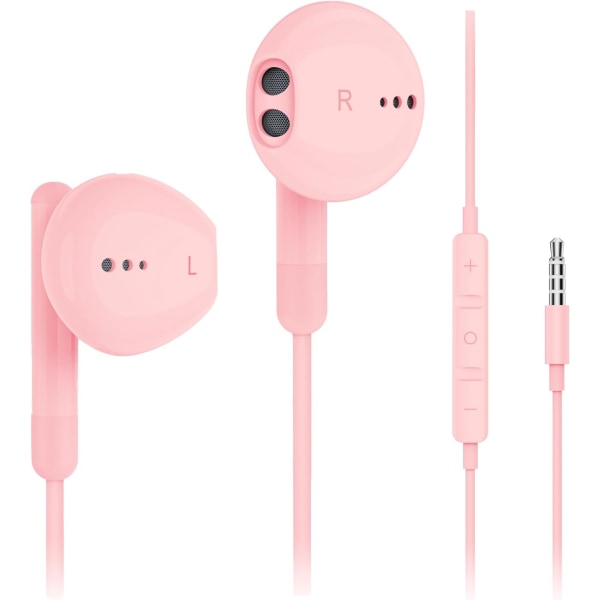 Trådbundna hörlurar med mikrofon, trådbundna hörlurar in-ear hörlurar HiFi stereo, kraftfull bas och kristallklart ljud, kompatibel med iPhone, Android, Pink