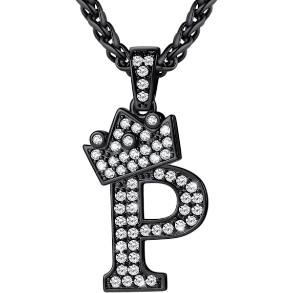 Krone Initial A-Z Halskæde, Iced Out Bogstav Vedhæng med 22-24 Tommer Kæde, Mænd Kvinder Bling Hip Hop Alfabet Navn Smykker Gave Store Initialer Halskæder P Black