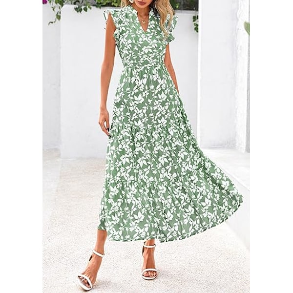 Dame 2025 Sommer Blomstret Midi Kjole Korte Ærmer V-Hals Flæse Lang Flydende Boho Afslappet Strand Ferie Kjoler M