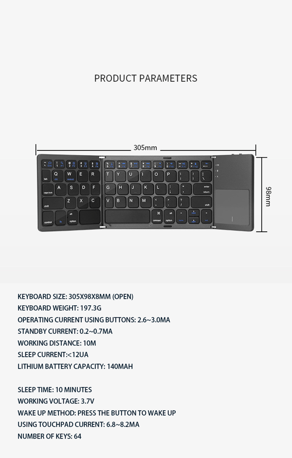 3-Fold Ultratyndt Bluetooth Tastatur: Trådløst Foldbart Design med Touchpad, Kompatibelt med 3 Systemer til Telefoner & Bærbare Computere Silver