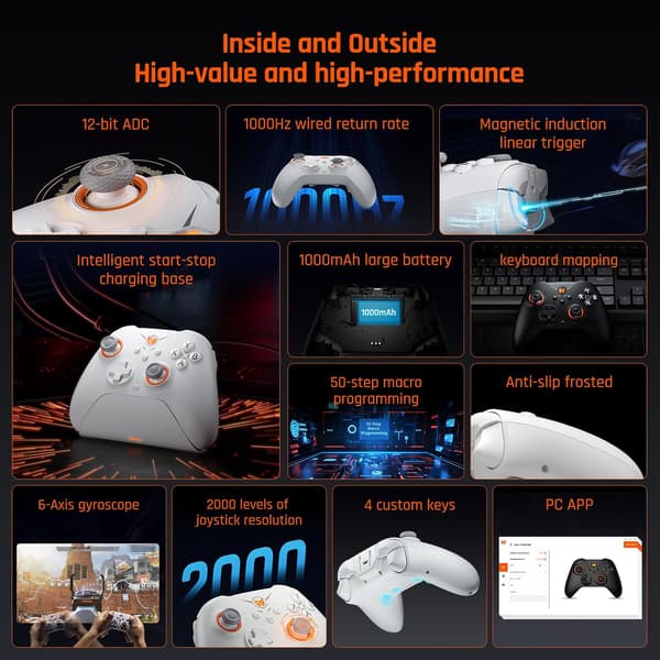 PC-kontroller, BIGBIG WON Gale trådlösa kontroller, rörelsesiktning, Hall-avtryckare, 4 anpassade knappar, PC-app-spelkontroller för Switch/PC/iOS/Android White