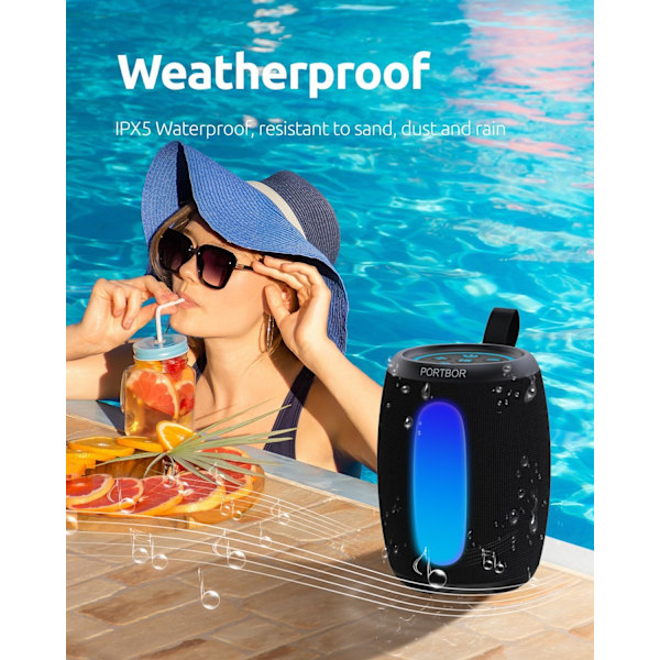 Kannettava Bluetooth-kaiutin, tehokas stereoääni, pieni langaton kaiutin valoilla, IPX5-vesitiivis, BT5.3 AUX-tulolla, TWS Pai Black