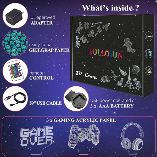 Pixel Game Over Illusjonslampe, Gamepad 3D Nattlys (3 Pat