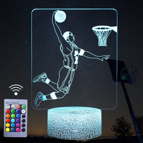 3D Basketballspiller nattlys, LED dekor illusjonslampe med fjernkontroll og smart knapp, 16 farger skiftende lys