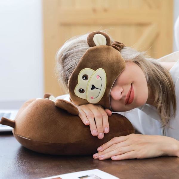 Memory Foam Dyre Rejsepude, Komfortabel Nakkepude med Sød Øjenmaske Let Rejsepude til Fly, Bil, Tog, Bus og Hjemmebrug Monkey
