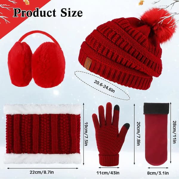 5-pack Vintermössa, Halsduk, Vantar Set Stickad Satinfodrad Pompom Beanie Varma Touchscreen Vantar Öronmuffar Värmare för Kvinnor Black
