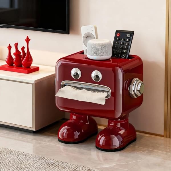 Röd tecknad robot näsdukslåda, halkfri bas, multifunktionell skrivbordsorganisatör för näsdukar red