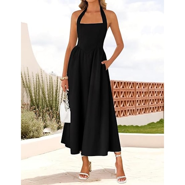 Dame Sommer Ærmeløs Halter Midi Kjole 2025 Off Shoulder Høj Talje Swing Flowy Strand Lange Kjoler S