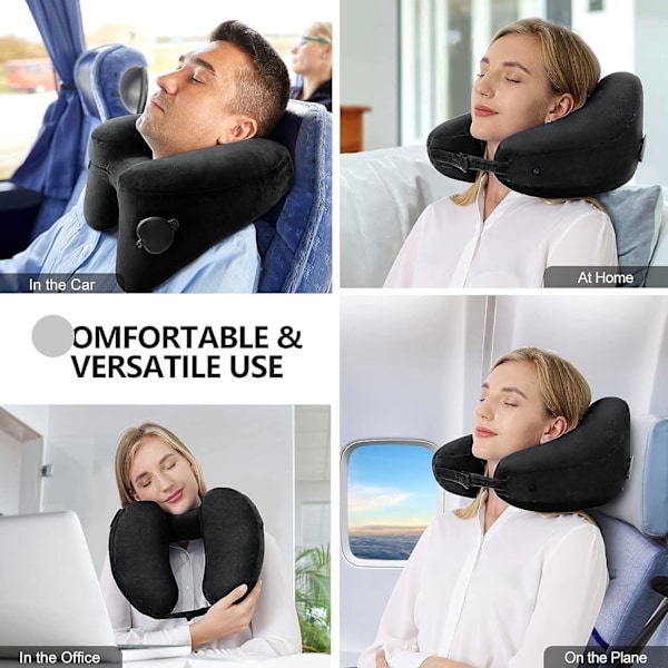 Nackkudde för resor Uppblåsbar flygplansdyna Stöder bekvämt huvud, nacke och haka, Uppblåsbar resedyna med mjuk velouröverdrag och Porta Premium Black Standard