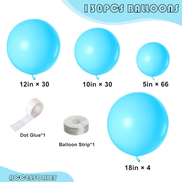 130 stk. Pastelblå balloner i forskellige størrelser 18\" 12\" 10\" 5\" Ballonbue guirlande sæt perfekt til fødselsdagsfest, dimission, babyshower, bryllup, helligdage Pastel Blue