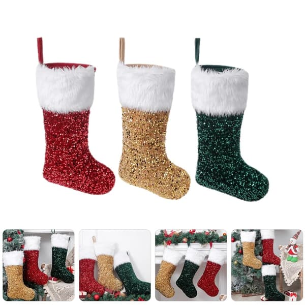 3-pack traditionella julstrumpor, paljetthängande prydnader för öppen spis, trappa, julgran, heminredning