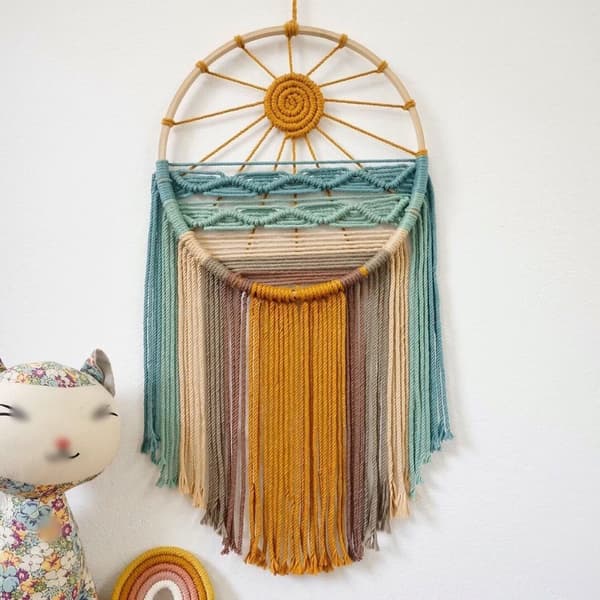 Boho Solväggbonad med tofsar, cirkulär inredning för sovrum, vardagsrum, barnkammare, entré, middag Noon