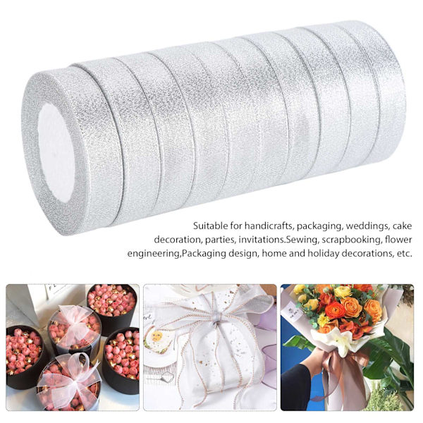 10 rullar glitter satinband polyester presentförpackning bröllopsdekoration festtillbehör silver