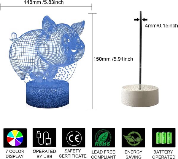 3D Illusion Sødt Smilende Gris Natlampe 16 Farveskift Touch