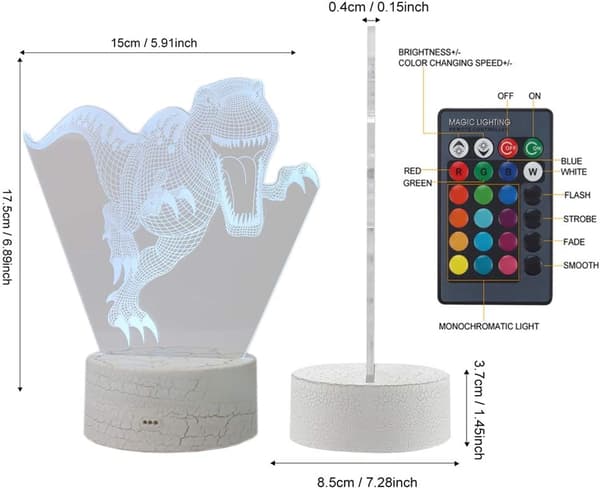3D Dinosaur Optisk Illusion Natlampe 16 LED Farve Changi