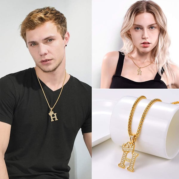 Krone Initial A-Z Halskæde, Iced Out Bogstav Vedhæng med 22-24 Tommer Kæde, Mænd Kvinder Bling Hip Hop Alfabet Navn Smykker Gave Store Initialer Halskæder H 18K Gold