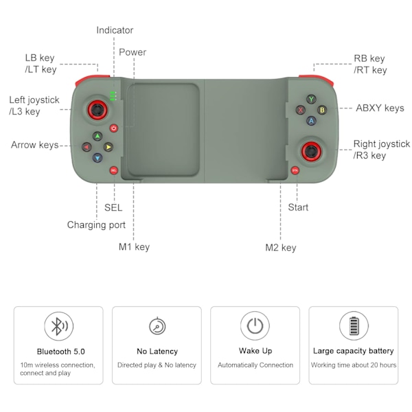 Bluetooth-controller til iPhone, Android, direkte afspilning, lav latenstid, telefoncontroller-gamepad-joystick til Galaxy S23 S22 S21 20 Ultra, iPhone 14 13 1 Green