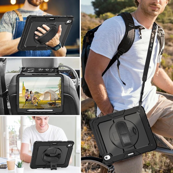 Skal för iPad Air 11 tum (M2 2024), Stötsäker Design med Pennhållare/Skärmskydd/Roterande Handrem, Skyddande Fodral för Black New iPad Pro 11 2024