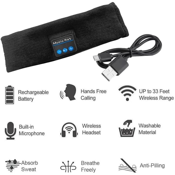 Langattomat unimakuulokkeet, Bluetooth-urheilupäännauha-kuulokkeet erittäin ohuilla HD-stereokaiuttimilla, täydelliset nukkumiseen, treenaamiseen, juoksuun, joogaan, unettomuuteen Black