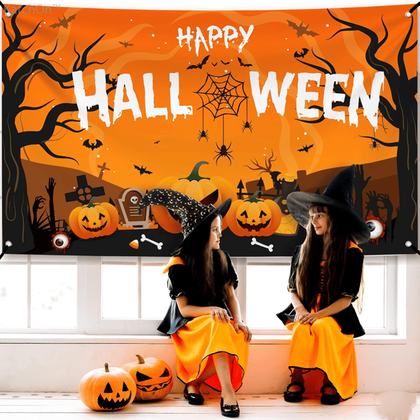72x44 tommer XtraLarge Happy Halloween Banner – Orange & Sort Græskar Design til Uhyggelige Udendørs Baggrunde