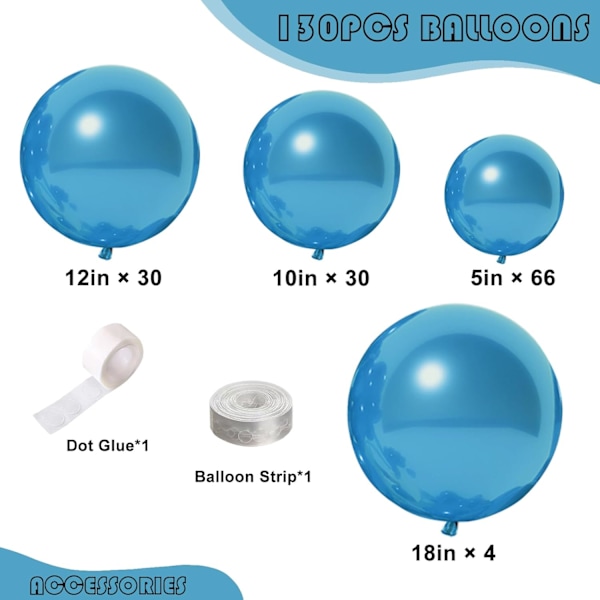 130 stk. metalliske blå balloner i forskellige størrelser 18\" 12\" 10\" 5\" ballonbue guirlande sæt perfekt til fødselsdag, dimission, babyshower, bryllup, ferie Metallic Blue