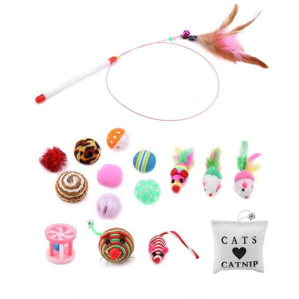 16-pack kattleksaker tease stick musbollar kattmynta sisal fjäder presentkombination set