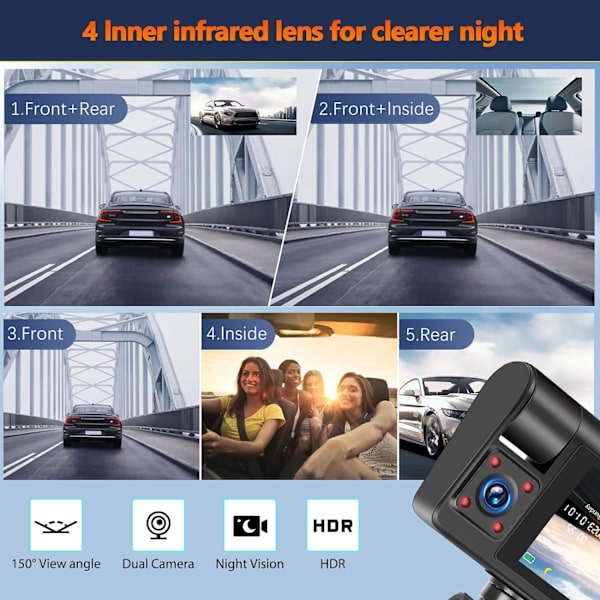 3-kanals dashcam fram och bak inuti, Full HD 1080P dashcam för bilar med Super Night Vision Loop Recording G-Sensor APP-kontroll 150° vidvinkel 3