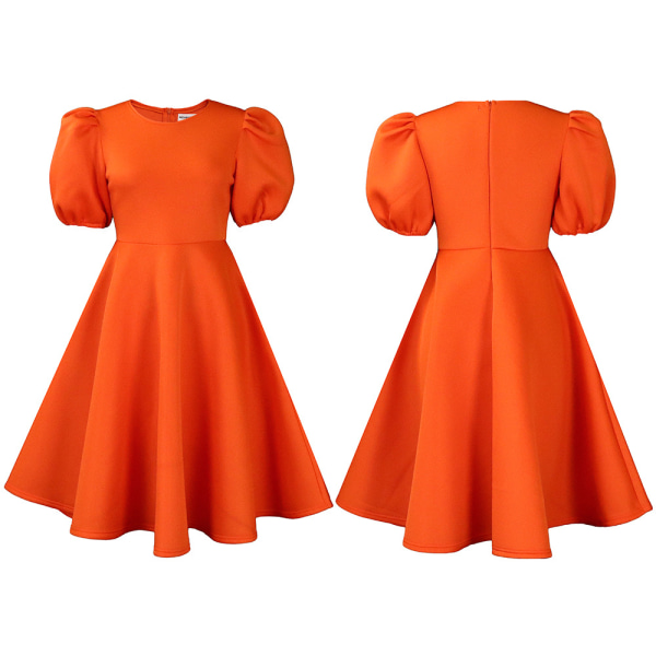 Firkantet hals bobleærmet kort kjole i ét stykke (Orange XL)